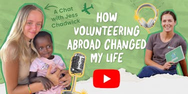 Jess Chadwick speaking into a studio microphone during a podcast interview about volunteering abroad.