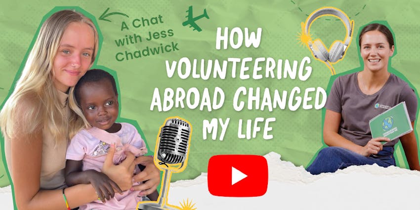 Jess Chadwick speaking into a studio microphone during a podcast interview about volunteering abroad