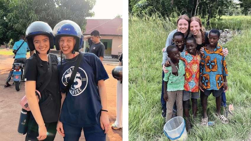 Rebekah with a fellow volunteer in Ghana, wearing motorbike helmets in one image and standing with some local children in the other.