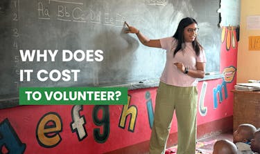 Volunteer educator pointing to notes on a whiteboard during a lesson.