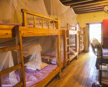 A bright dorm room with wooden bunk beds, mosquito nets, and a fan, all in a traditional building with wooden floors.