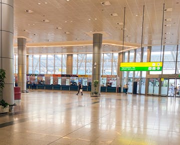 A spacious arrival hall at Cairo International Airport with car rental counters, signage for airport services, and glass walls letting in natural light.