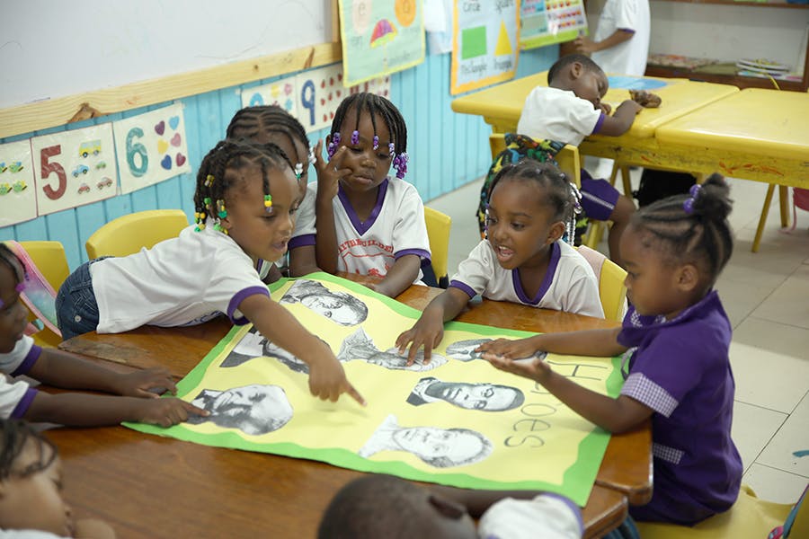 Students in group discussion in class at IVHQ Teaching and School Support project in Jamaica