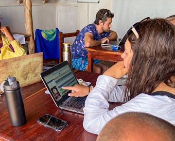 A group of volunteers sits at a wooden table indoors, focused on laptops while entering marine survey data. One person points at the screen, collaborating with others in a relaxed, rustic workspace.
