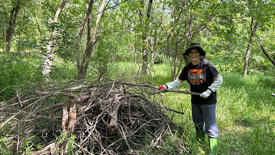 An IVHQ volunteer happily helping the Ecological Park Rehabilitation volunteer project in Seoul, South Korea