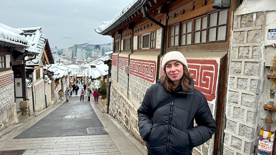 Hanok village in winter in South Korea during their free time at IVHQ