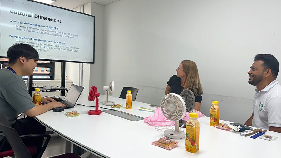 IVHQ local team having an orientation session with newly arrived IVHQ volunteers in Seoul, South Korea