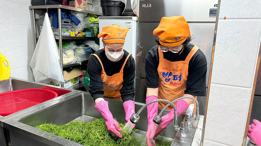 IVHQ volunteers washing vegetables at the Soup Kitchen volunteer project in Seoul, South Korea