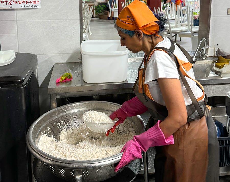 IVHQ volunteers washing and cooking rice at the IVHQ Soup Kitchen volunteer project in South Korea