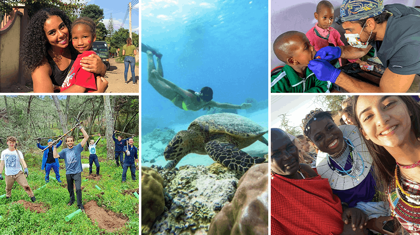 A collage of volunteer experiences around the world. The images showcase a volunteer embracing a smiling child, a diver swimming underwater near a sea turtle, a medical volunteer treating a child, a group of volunteers working on an outdoor community project, and a volunteer taking a selfie with members of the Maasai community.