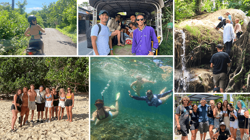 A collage of volunteer experiences in Lombok, Indonesia, featuring a mix of adventure and cultural immersion. Images include a woman riding a scooter through lush landscapes, a group of volunteers traveling in an open truck, people exploring a natural waterfall, a beach group photo, snorkeling in clear waters, and volunteers posing together in a local setting.