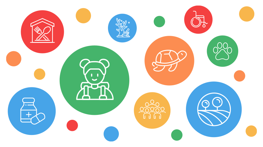 A designed graphic with simple line icons within colourful circles.